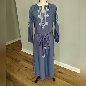 Ex Voto Boho Embroidered Caftan Maxi Dress With Sash Belt Periwinkle Blue S